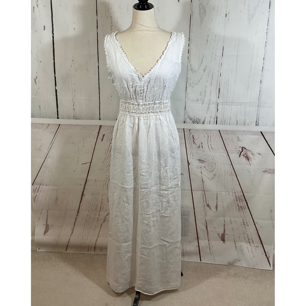 Terzo Millennio White Linen Maxi Dress M Crochet Slit Italy Euro Summer Romantic